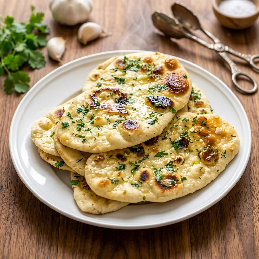 Garlic naan — fresh-baked tandoor bread at Jaipur India Cuisine, Cochrane AB