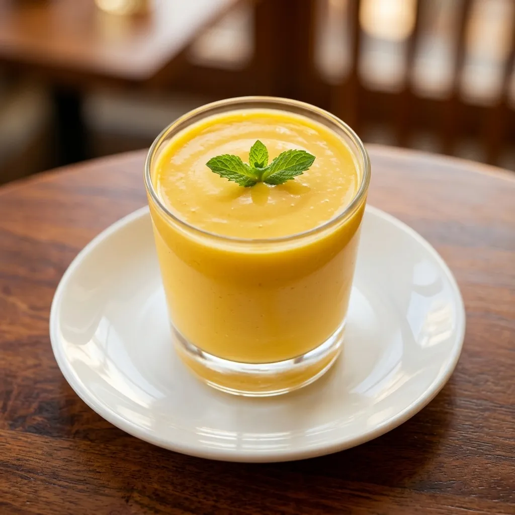 Mango lassi — creamy yogurt-mango drink at Jaipur India Cuisine, Cochrane AB